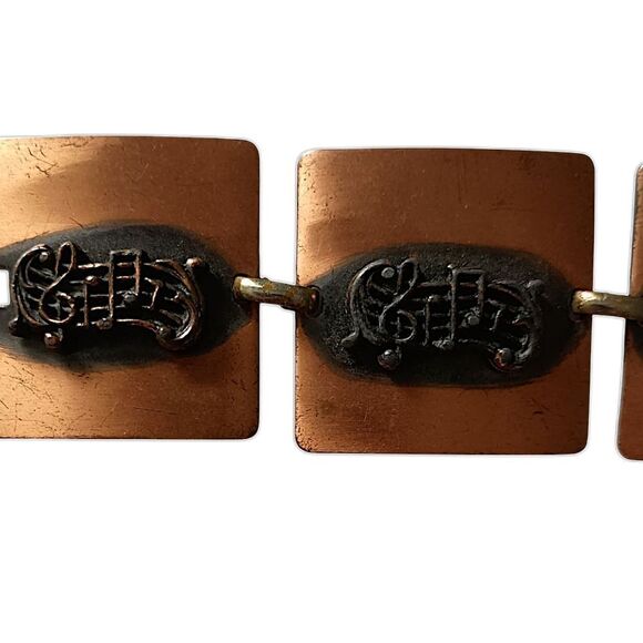 Vintage Copper Bracelet Music Notes Treble Clef Square Panel Links MCM Chunky - Picture 6 of 16